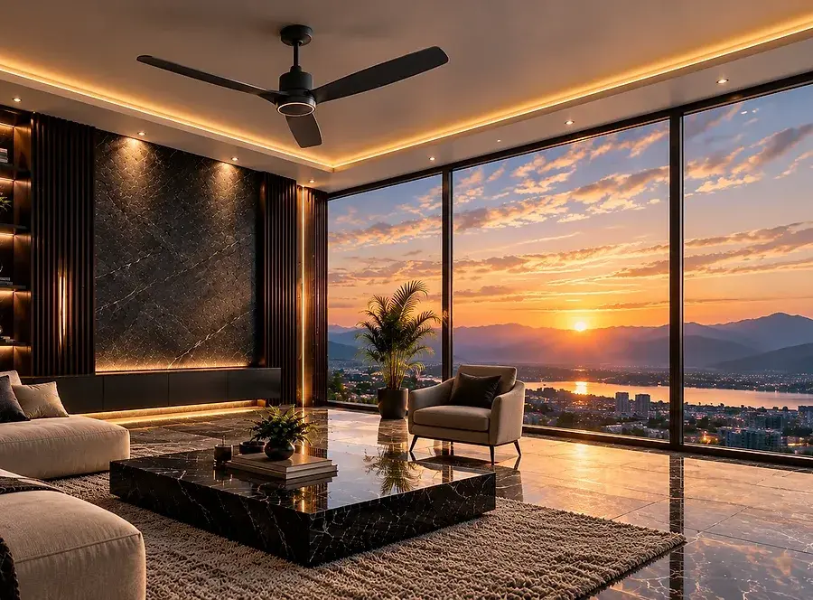 Vangelo fan in a luxury lounge at sunset